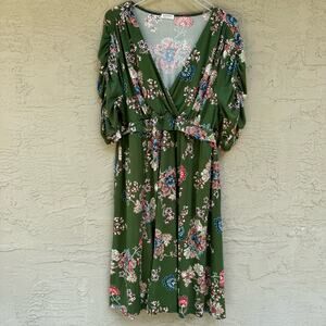 Kiyonna Dress Green Velour Floral Size 2X Midi Faux Wrap Made in USA Plus